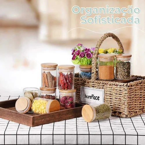 Kit 6 Potes Porta Mantimentos De Vidro Tampa De Bambu 150ml Transparente