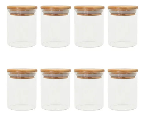 Kit 8 Potes De Vidro Porta Mantimento Tampa De Bambu 200ml