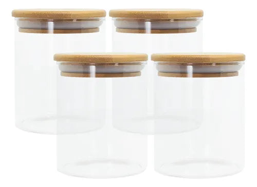 Conjunto De 4 Potes Herméticos De 400 Ml Com Tampa De Bambu