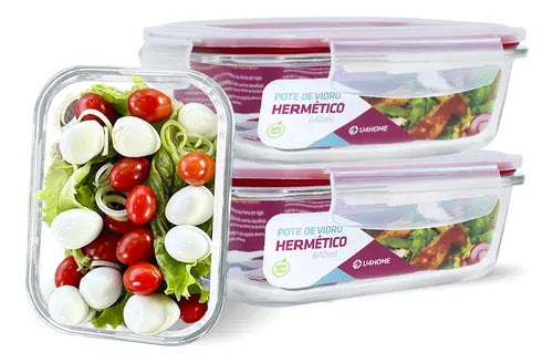 U4home Modelo Quentinha Marmita Conjunto 3 Pote Vidro Hermético Marmita Tampa Plástico 640ml Cor Vermelho