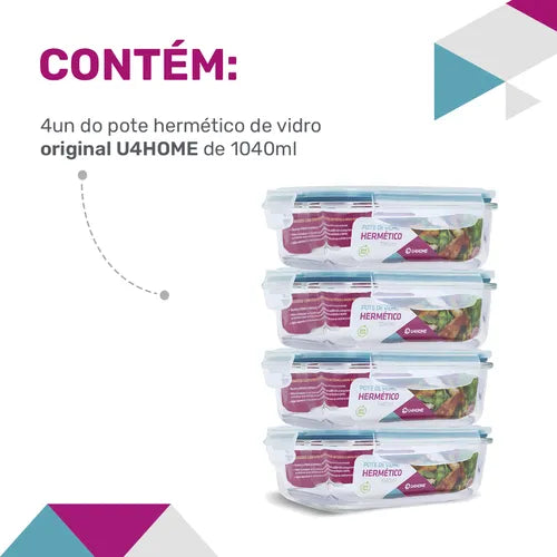 U4home Kit 4 Potes Vidro 1040ml Marmita Hermetico Cor Azul