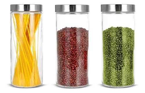 Jogo 3 Pote Vidro Liso 2100ml Tampa Aço Inox Rdeondo Grande