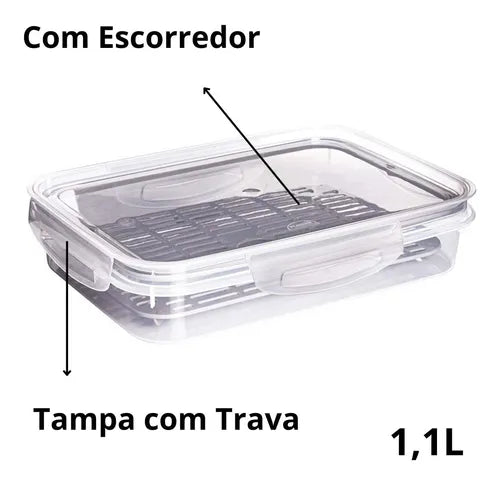Kit 2 Potes Herméticos Cinza 1,1l Porta Frios C/ Escorredor
