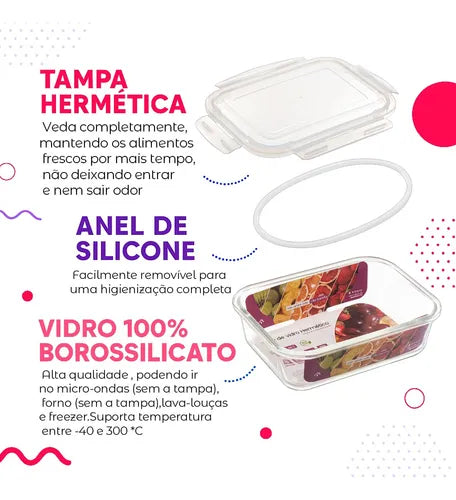 Kit 2 Potes Vidro Retangular 1520ml Hermético Reforçado