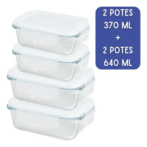 Kit 4 Potes Hermético Vidro 370ml E 640ml Marmita Com Trava