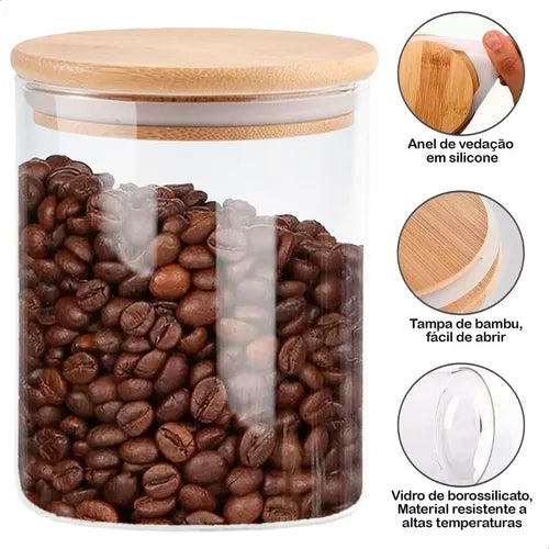 Kit De 3 Potes Herméticos Vidro Tampa Bambu 800ml U Unica Un Cor Transparente