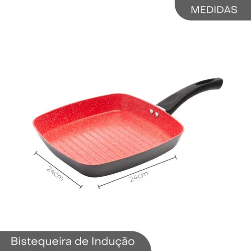 Bistequeira de Indução em Alumínio com Revestimento Cerâmico Vermelha 24cm Lyor