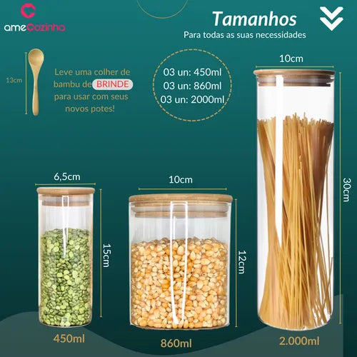 Potes De Vidro Com Tampa De Bambu Pote Hermético Bambu 9unid