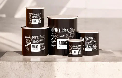 Kit 5 Potes De Mantimentos Plástico Decorado Preto Frases
