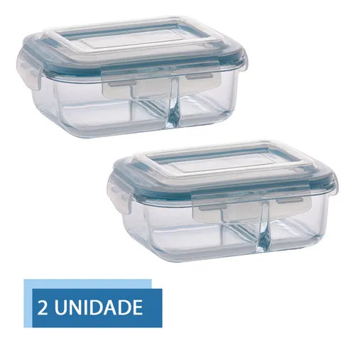 Jogo Com 2 Potes 640ml Divisória Hermético Marmita Microondas Vidrio Quality House / Univendas