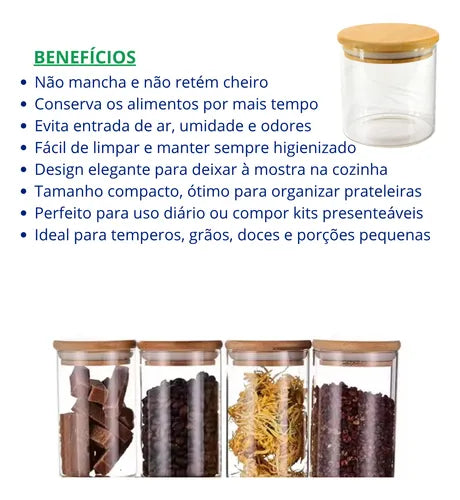 Pote Vidro Hermetico Tampa Bambu 1200ml Premium Cereal Graos