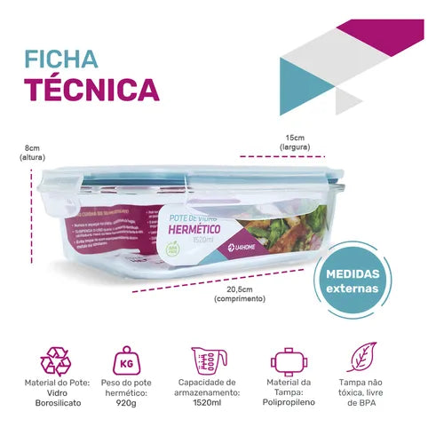 Pote De Vidro Hermético Marmita Tampa Silicone 1520ml U4home