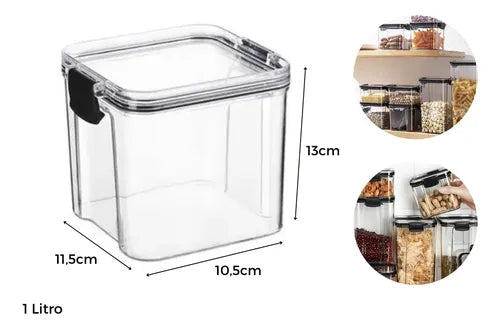6 Potes Acrílico Herméticos Quadrados Tampa 500ml 800ml 1l