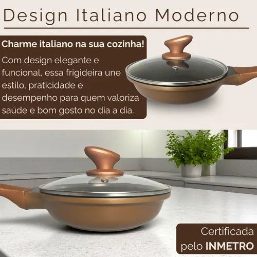 Frigideira Cerâmica Antiaderente Cooktop Indução/gás C/tampa Cor DOURADA-PRETO