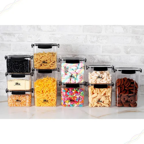 Kit com 10 Potes Herméticos Retangulares Empilháveis com 4 Travas, Porta-Mantimentos e Alimentos, Super Resistentes e à Prova de Vazamento, Ideal para Organizar Cozinha e Armários, House Organizer