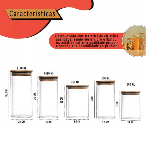 Kit 5 Potes De Vidro Herméticos Com Tampas De Bambu Diversos Tamanhos