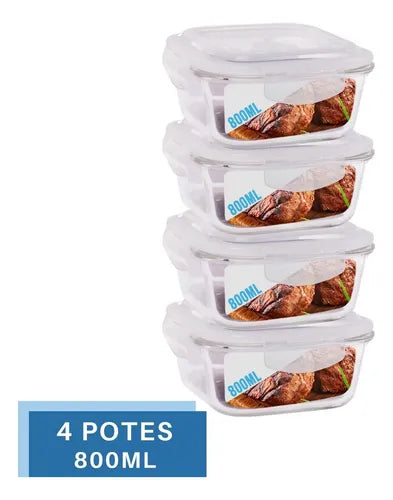 Conjunto 4 Pote Vidro 800ml Hermético Marmita Tampa 4 Travas