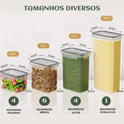 Cadencia Kit 15 Potes Herméticos Mantimentos Quadrado Cozinha Tampa Trava Recipientes De Organização Luvinco