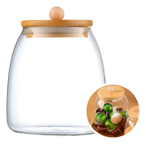 Pote Hermético Porta Capsula Açúcar Café Bolacha Tampa Bambu Cor Cristal
