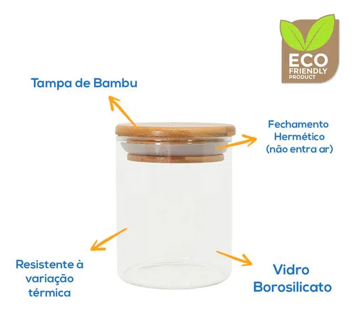 Kit 8 Potes De Vidro Porta Mantimento Tampa De Bambu 200ml