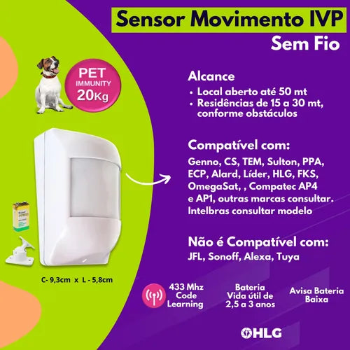 Sensor Movimento Hlg Pet 20kg Sem Fio 433mhz