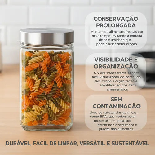 Kit 3 Pote Hermetico Vidro 2l Com Tampa Inox Mantimentos