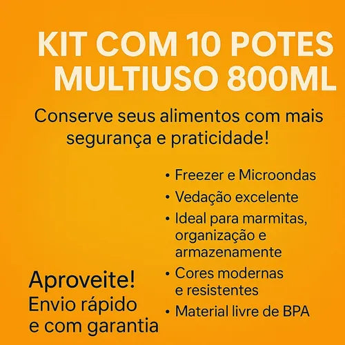 Kit 10 Potes Armazenar Alimentos Freezer Micro-ondas 800ml