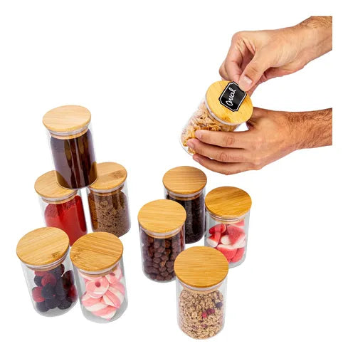 Kit 10 Potes De Vidro Herméticos Redondo Biscuitt Orbb 300ml Temperos Tampa Bambu