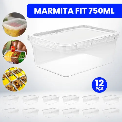 Kit 12 Potes Marmita Fit 750ml Tampa 4 Travas Bpa Free