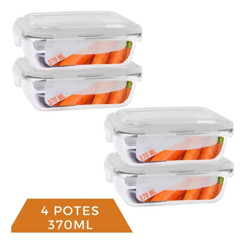 Kit 4 Pote 370ml Vidro Hermético Marmita Mantimentos Fitness