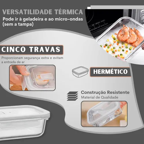 Kit 6 Potes Hermético Retangular Mantimentos 370ml 5 Travas