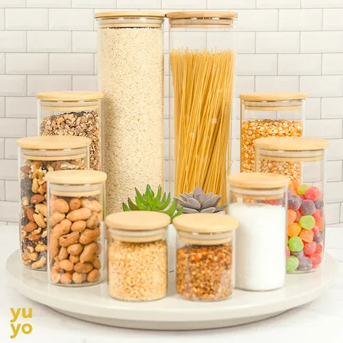 Kit 10 Pote Vidro Hermético Tampa De Bambu Redondo Cozinha