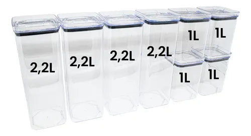 Kit 8 Potes Herméticos Mantimentos Quadrado Cozinha Tampa Vedação Hermética Amobox