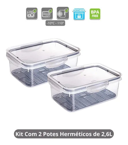 Pote Hermético Retangular Com Escorredor 2,6 Litros Plasutil