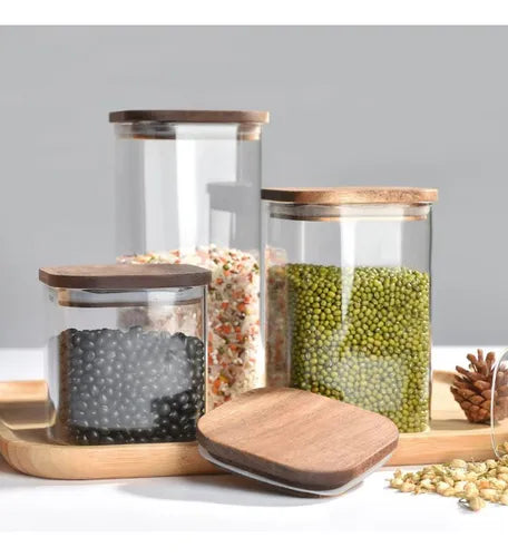 Kit 05 Potes Herméticos De Vidro Com Tampa De Bambu E Silicone Recipiente Armazenamento De Alimentos Jogo Porta Mantimentos Temperos Pote De Condimentos Organizador De Cozinha Multifuncional