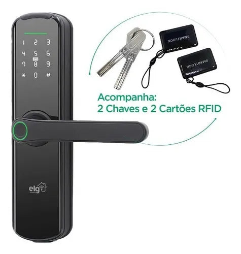 Fechadura Digital Biométrica Inteligente ELG SHFB700, Wi-Fi, Abertura por Biometria, Senha, Cartão de Proximidade, Aplicativo ou Chave de Emergência, Preto