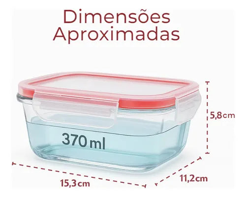 Pote Vidro Hermético Retangular Marmita 370ml Kit 6 Peças