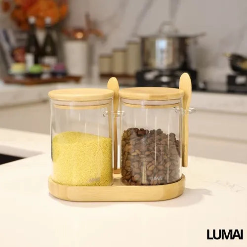 Kit 2 Potes Herméticos de Vidro 550ml com Tampa Bambu e Colher Para Café Açúcar Sal Arroz Temperos Porta Mantimentos Condimentos Alimentos Secos Organizadores Cozinha Casa com Bandeja