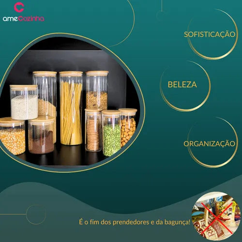 Potes De Vidro Com Tampa De Bambu Pote Hermético Bambu 9unid