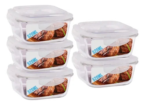 Conjunto 5 Potes De Vidro 520ml Hermético 4 Travas Marmita