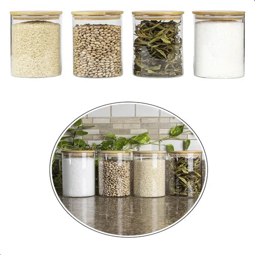 Kit 4 Potes Organizadores Vidro Tampa Bambu Hermética 500ml