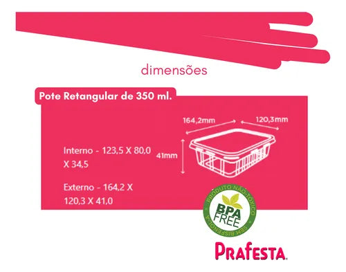 Kit3 Pote Retangular Tampa Hermética 150-350-750ml Prafesta