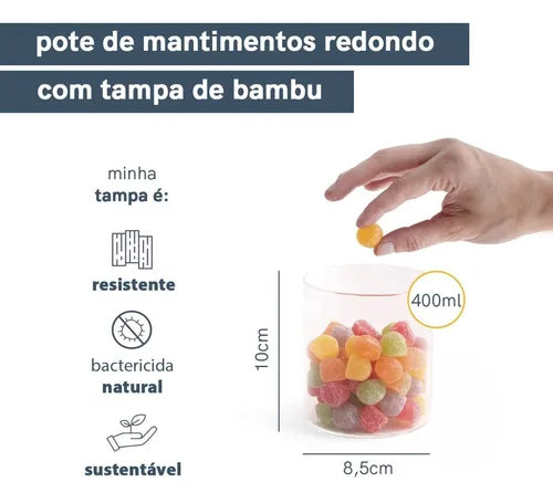 Pote De Vidro Tampa De Bambu Oikos 400ml Hermético Redondo Cor Marrom-claro