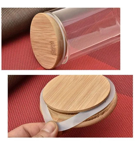 Kit 6 Potes Porta Mantimentos De Vidro Tampa De Bambu 150ml Transparente