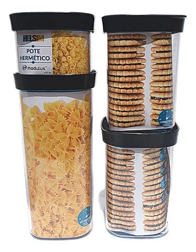 Jogo 4 Potes Herméticos 3 Tamanhos - 450, 1000 E 1500ml Cor Preto