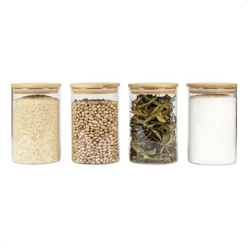 Kit De 4 Potes Herméticos Tampa De Bambu 300ml Alimentos