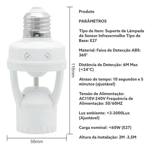Sensor De Presença Soquete Luz Iluminação Movimento E27 360