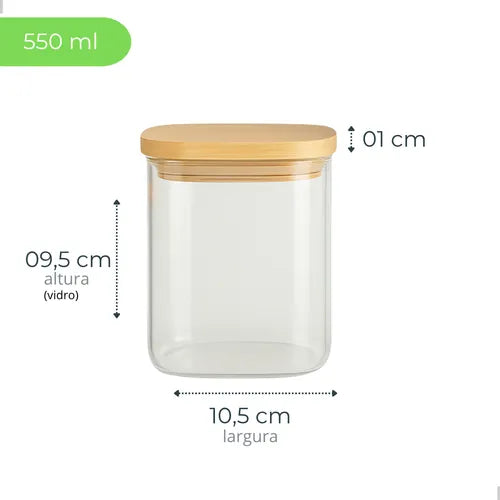 Kit 3 Potes Herméticos De Vidro Mantimentos Com Tampa Bambu