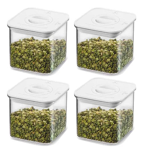 4 Potes Hermético Acrílico Quadrado 600 Ml Empilhável Trava