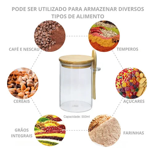 Conjunto Potes De Vidro Lumai 550ml Tampa Colher Com Bandeja Cor Transparente Organização Cozinha Porta Mantimentos Café Nescau Açucar Temperos